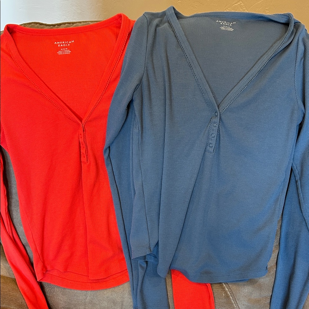 American Eagle coral and Blue Long Sleeve Tops